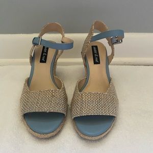 Blue and tan wedge sandals